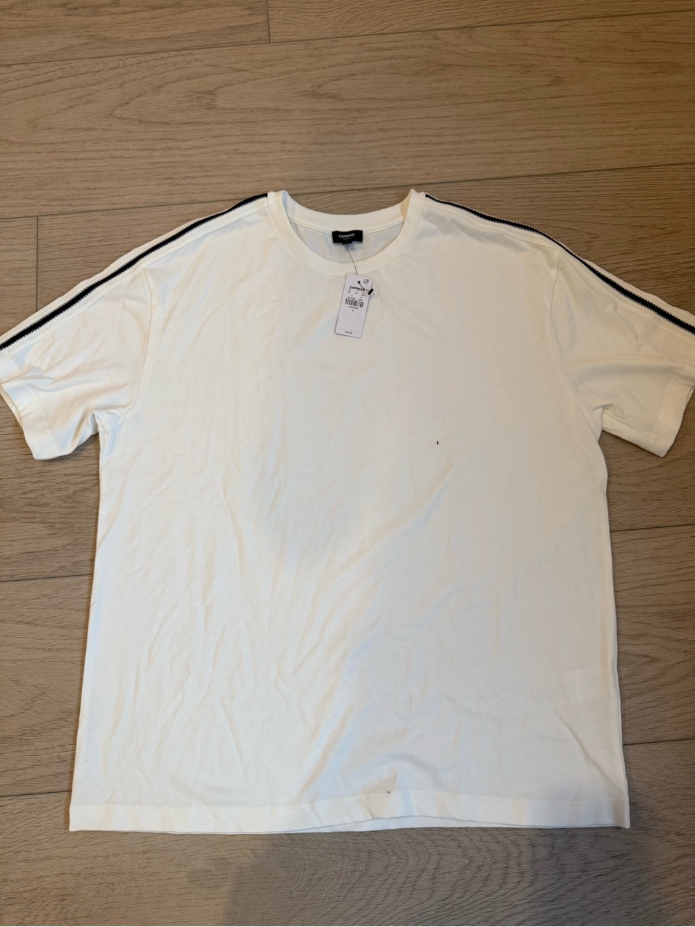 Express White Short Sleeve Tee with Black Shoulder Stripes